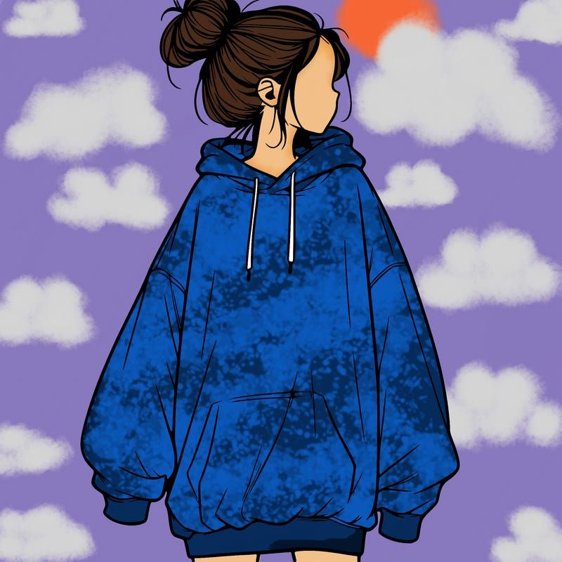 realistic girl with a oversized sweatshirt on and a bun