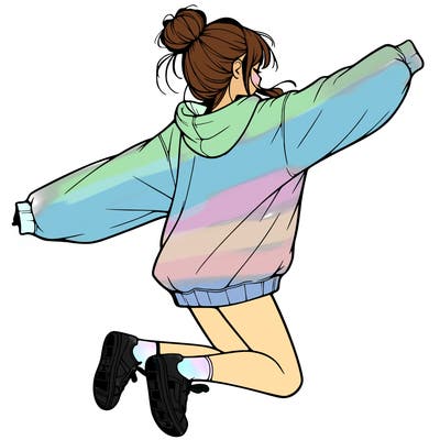 realistic girl jumping with a bun and oversized sweatshirt