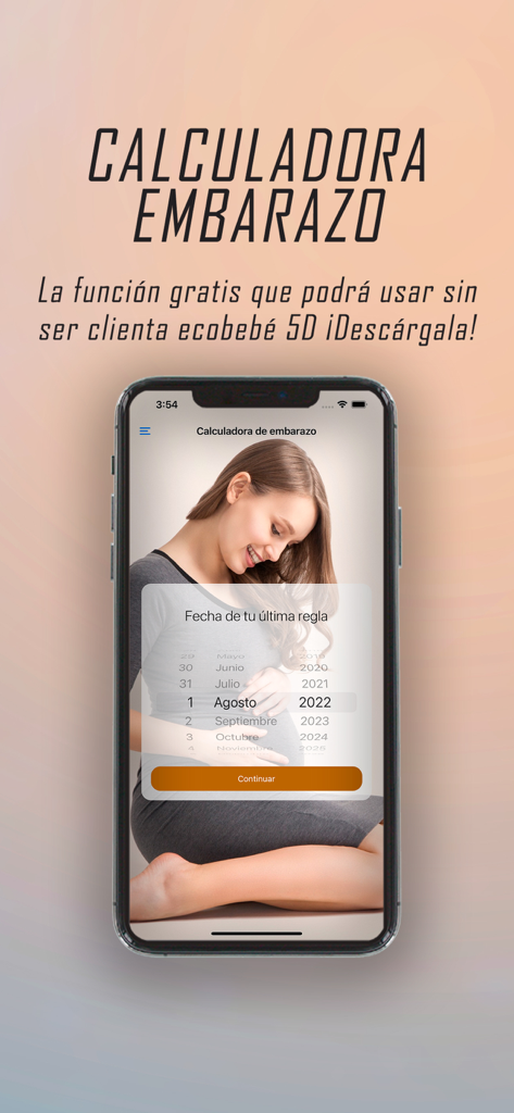 Captura de pantalla de la aplicación Ecobebe que muestra la herramienta gratuita de calculadora de embarazo para futuras madres