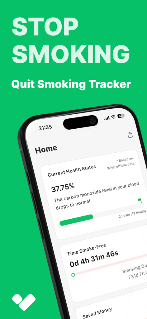 Stop Smoking - Quit Tracker - Stop Smoking Quit Tracker app home screen showing health status and smoke free time tracking