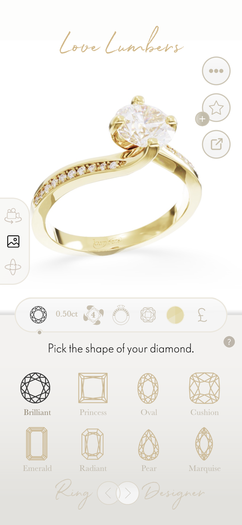 Engagement Ring Designer - Engagement Ring Designer mobile interface with 3D ring model and diamond shape selection