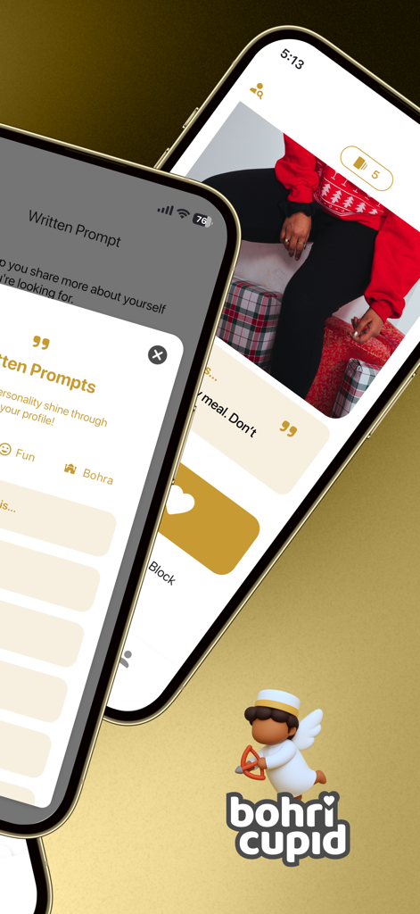Bohri Cupid app interface showing profile screens and written prompts for the Dawoodi Bohra community