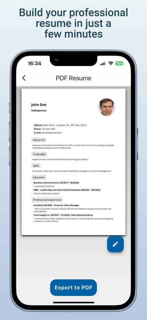 Mobile screen showing a professional resume preview in the Resume Builder app with an export to PDF button