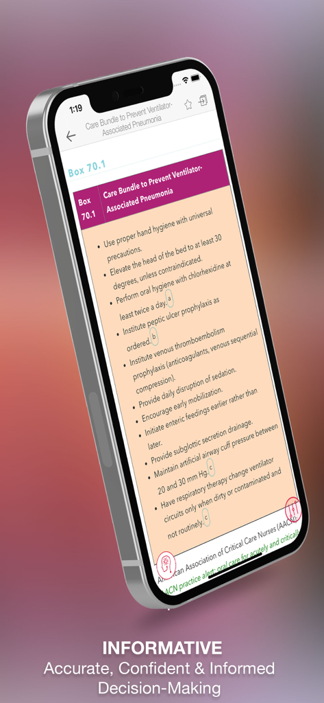 Nursing Skills & Procedures - A smartphone screen displaying nursing clinical guidelines for pneumonia prevention