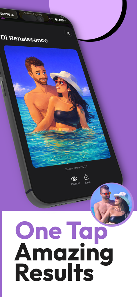 AI Cartoon - ToonFilter - Ein Smartphone, das ein Foto eines Paares zeigt, das mit der ToonFilter-App in einen hochauflösenden Anime-Stil verwandelt wurde