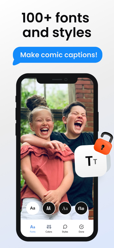 Speech Bubble: Photo Captions - Interface of the Speech Bubble app showing over 100 fonts and styles for photo captions