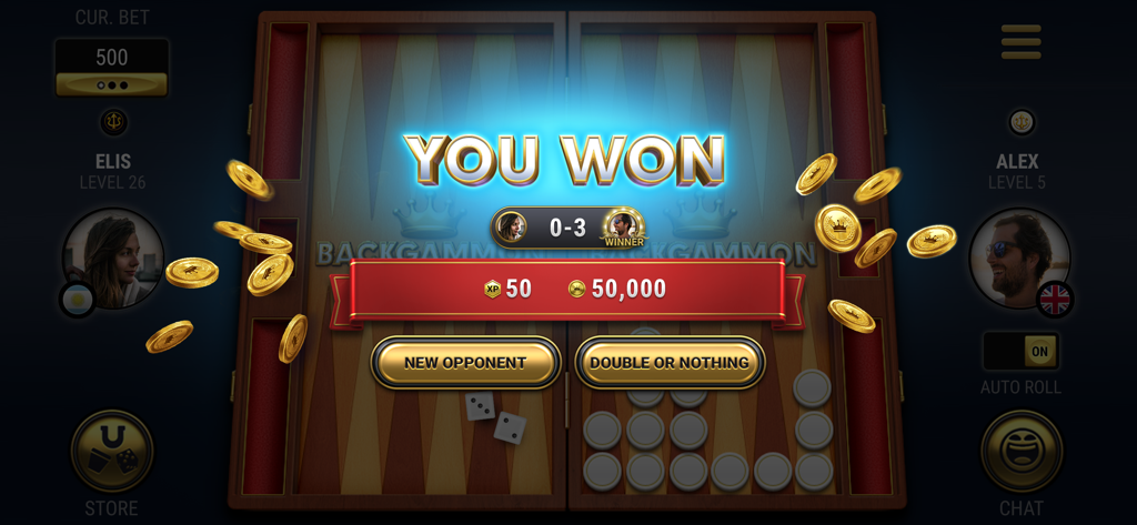 Backgammon Live™ Board Game - Backgammon Live app victory screen showing coins and XP rewards