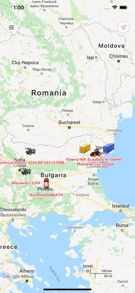 FarmTrack Mobile app map interface showing real-time positions of various agricultural vehicles and equipment