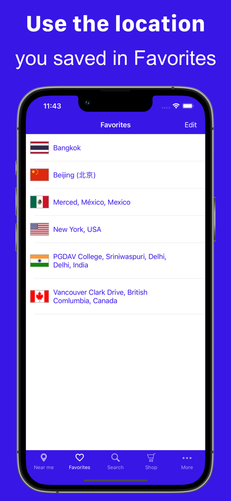 List of saved favorite locations in the My AQI app for quick air quality tracking across different global cities