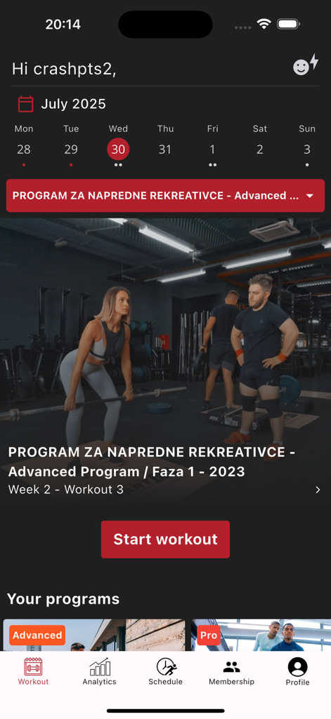 Dashboard der Smart Training CRO App, das die Benutzeroberfläche des fortschrittlichen Trainingsprogramms und die Schaltfläche 'Workout starten' anzeigt