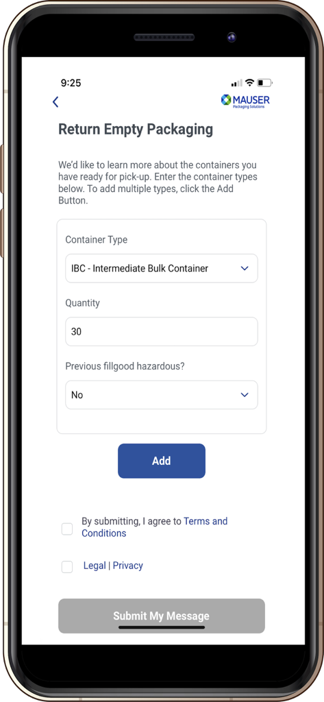 Mauser Packaging Solutions - Return Empty Packaging screen in the Mauser app showing a form to specify container type and quantity