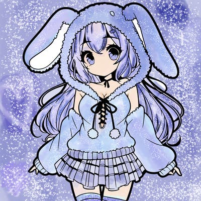 pretty anime girl wearing a fluffy hoodie with bunny ears on the hood and a skirt