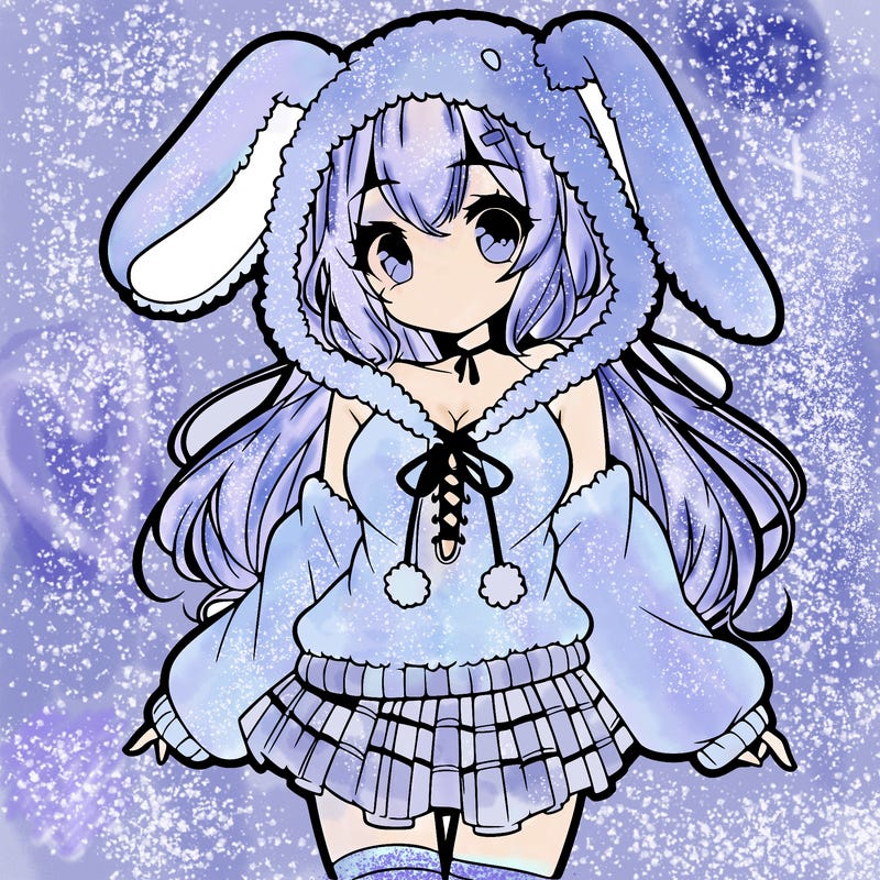 pretty anime girl wearing a fluffy hoodie with bunny ears on the hood and a skirt