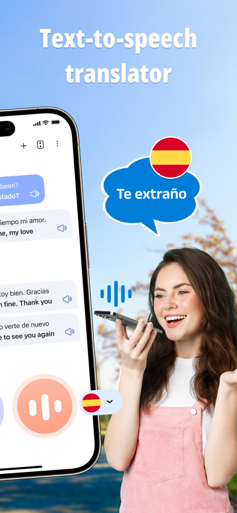 AMO translator, Translate all - Woman speaking into a smartphone using the AMO Translator app for text to speech translation