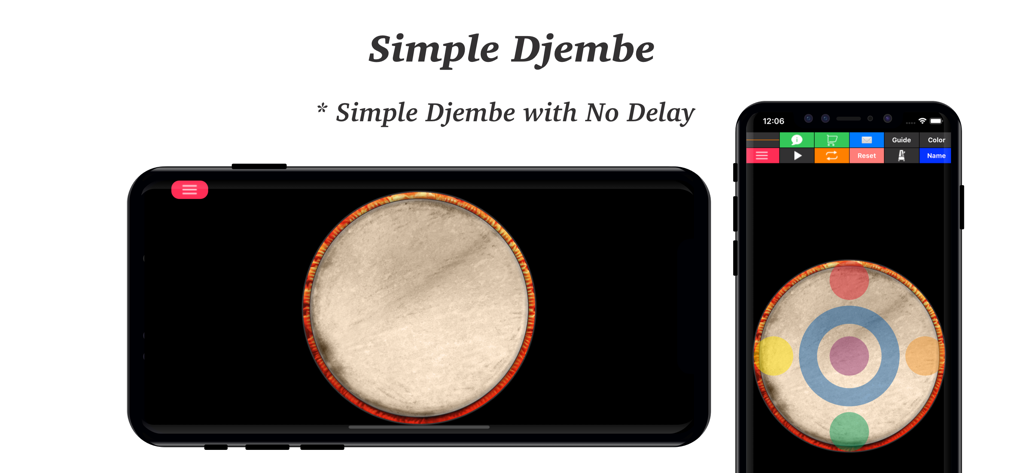 Djembe - Drum Percussion Pad - Smartphone screen displaying the Djembe Drum Percussion Pad app with a realistic drum head and playback controls.