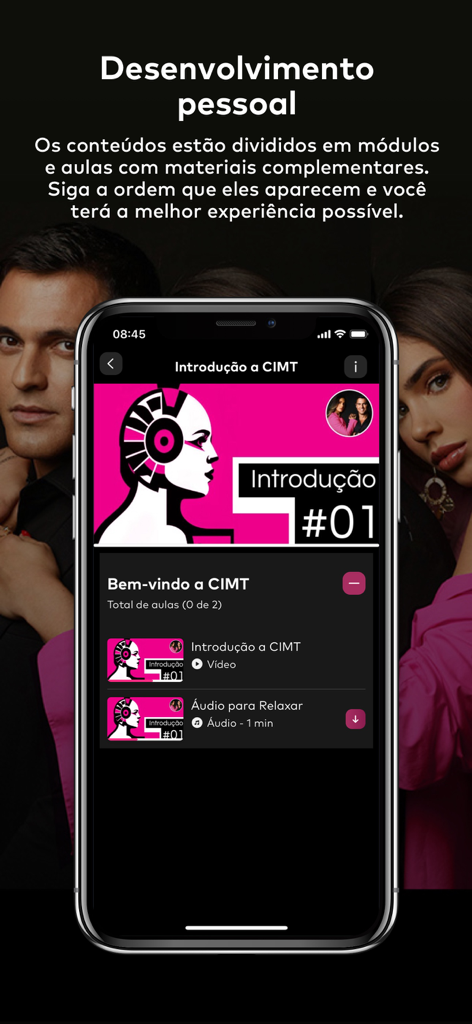 CIMT - Tela de smartphone mostrando o módulo de introdução do aplicativo CIMT com lições em vídeo e áudio para desenvolvimento pessoal