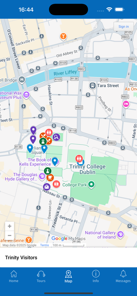 トリニティカレッジダブリンのインタラクティブマップビュー。キャンパスのランドマークとビジターの関心のある場所が表示されています。