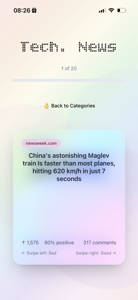 Gram News - Gram News app showing a technology headline card with swipe left or right reaction options