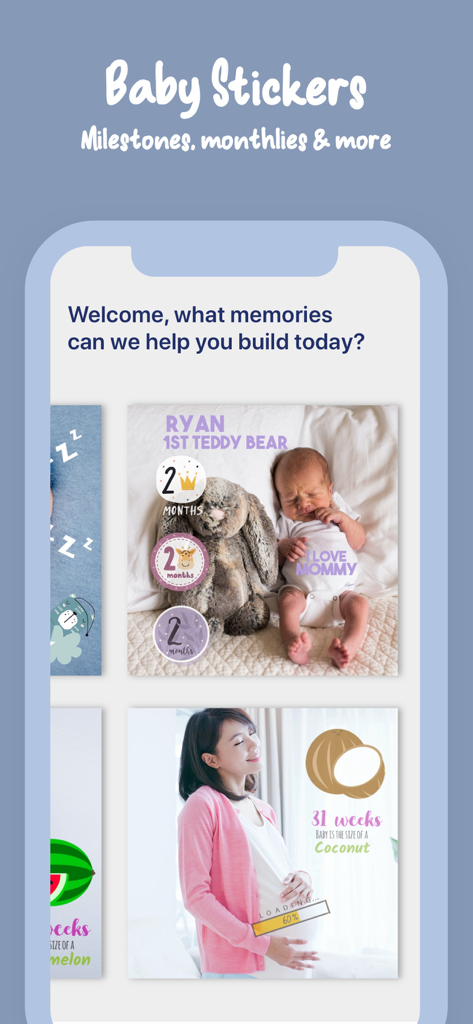 Bino: Baby Photo Editor App - Bino app interface displaying baby milestone and pregnancy photo stickers
