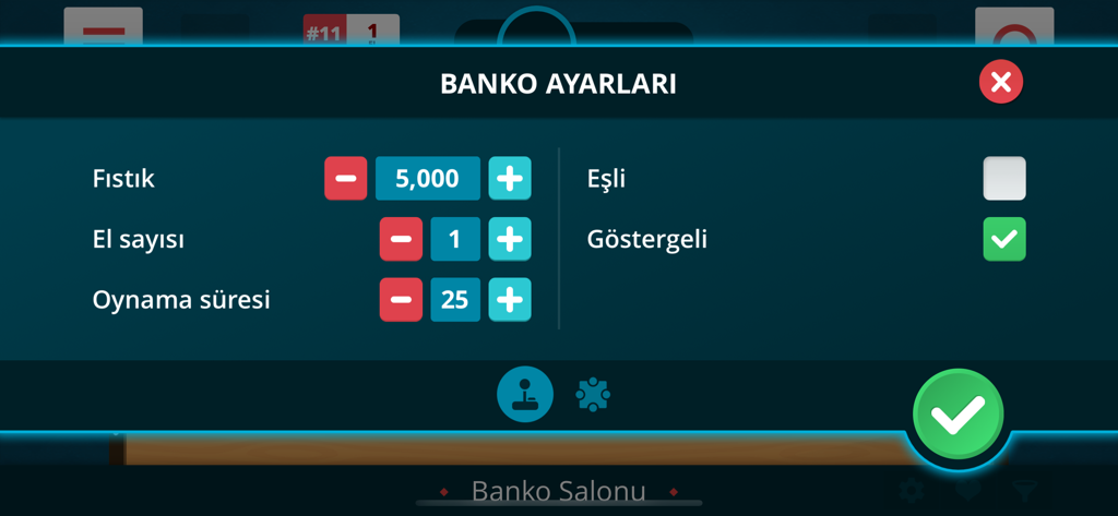 Interface showing settings for the Okey and Banko mobile game including point and hand options