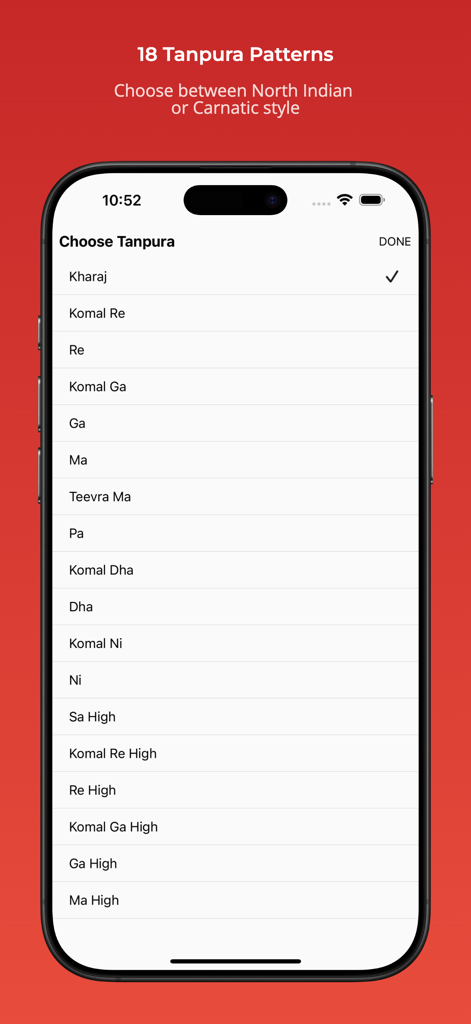 A mobile screen showing a selection menu for 18 different Tanpura patterns in North Indian and Carnatic styles