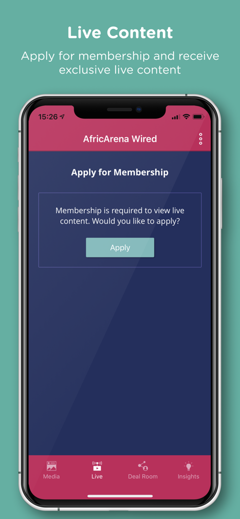 Écran de smartphone de l'application AfricArena Wired montrant la demande d'adhésion pour du contenu exclusif en direct