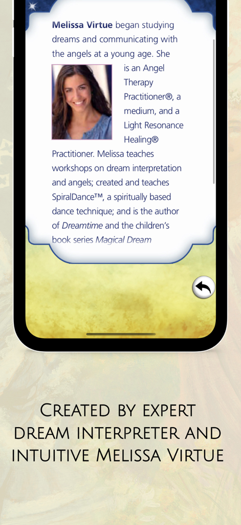 Angel Dreams Oracle Cards - Biografieseite von Melissa Virtue, Expertin für Traumdeutung und intuitive Schöpferin der Angel Dreams Oracle Cards App