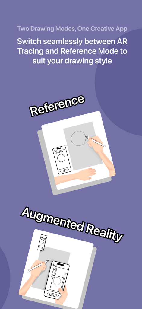 WeDraw: Trace & Create - Infographie montrant les fonctionnalités de l'application WeDraw avec les modes de dessin par référence et par réalité augmentée.