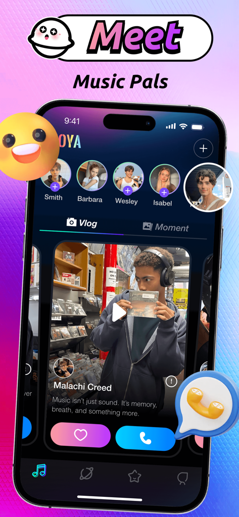 La pantalla de la comunidad de la aplicación Mioya con perfiles de entusiastas de la música y publicaciones de video sociales