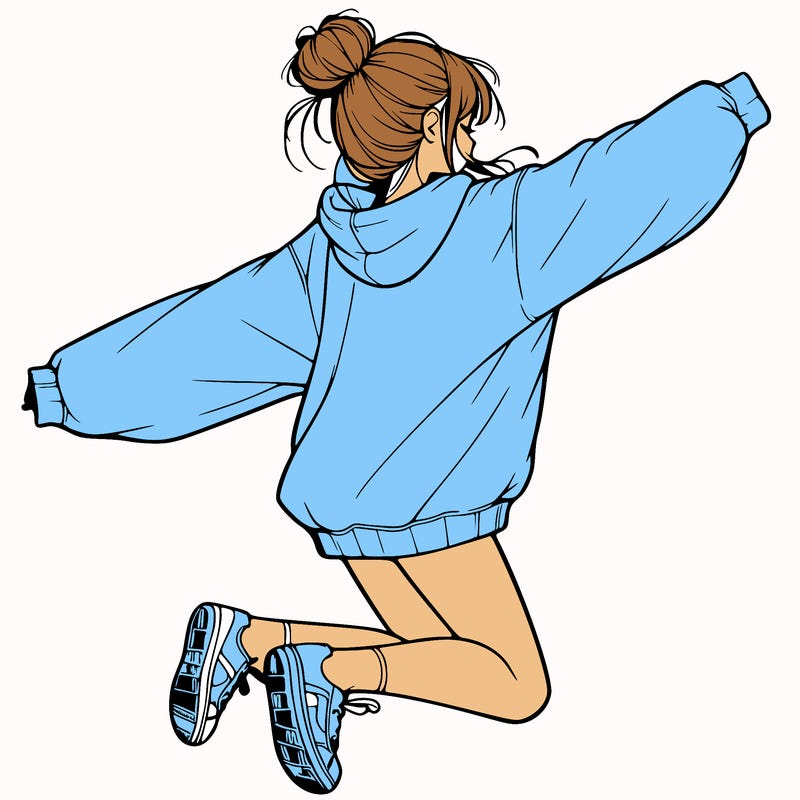 realistic girl jumping with a bun and oversized sweatshirt
