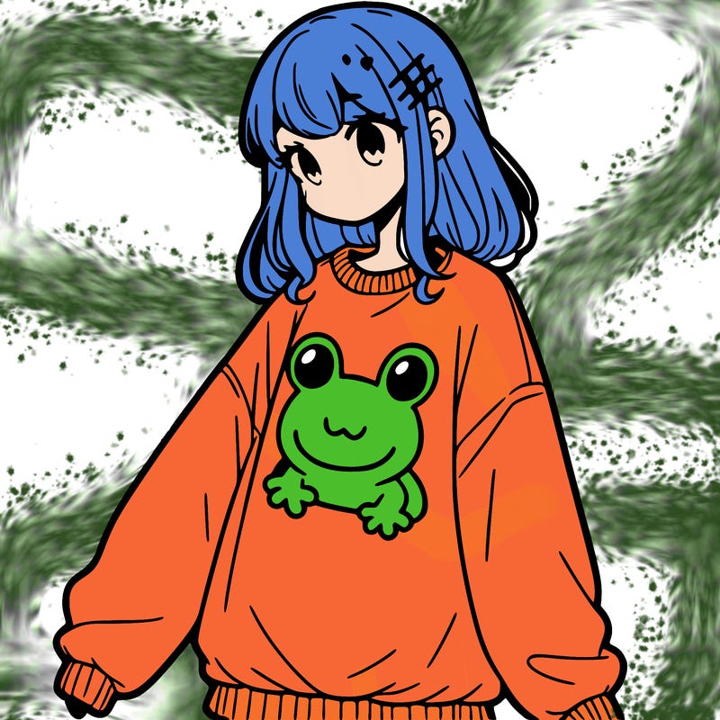 girl wearing frogging sweatshirt