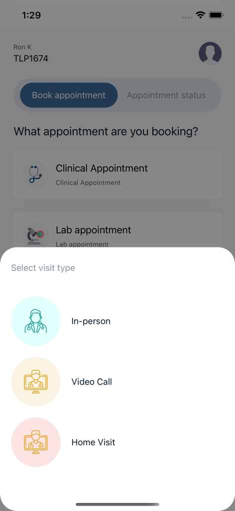 Talamus - Talamus app interface for selecting appointment types including in-person, video call, and home visits.