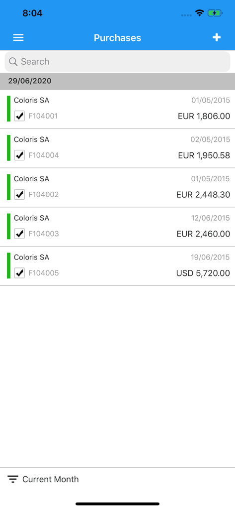Cash Manager - Liste des factures d'achat dans l'application mobile Cash Manager indiquant les dates et les montants