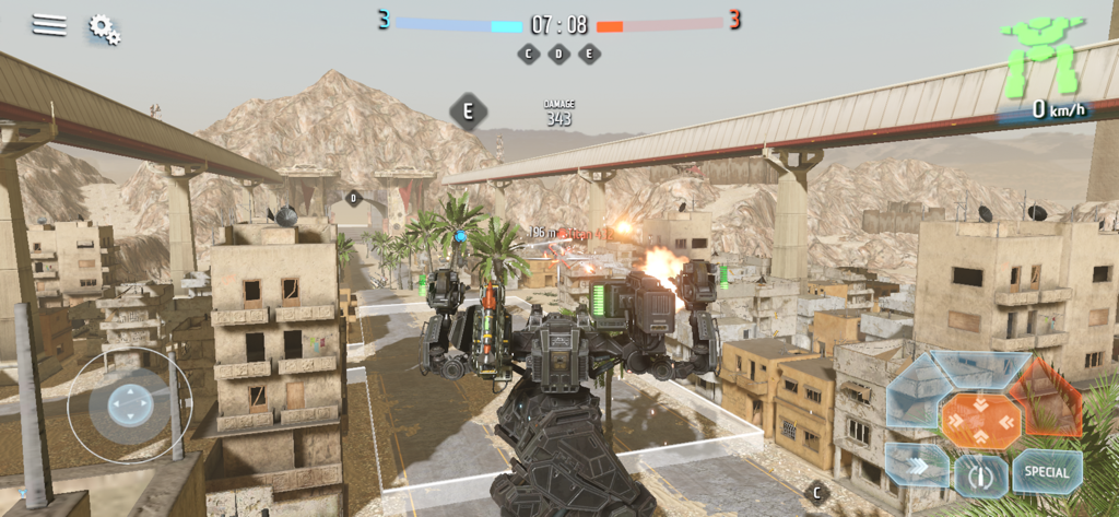 B.o.T - Third-person gameplay view of a mechanical titan firing weapons in an urban desert environment in B.o.T Battle of Titans.