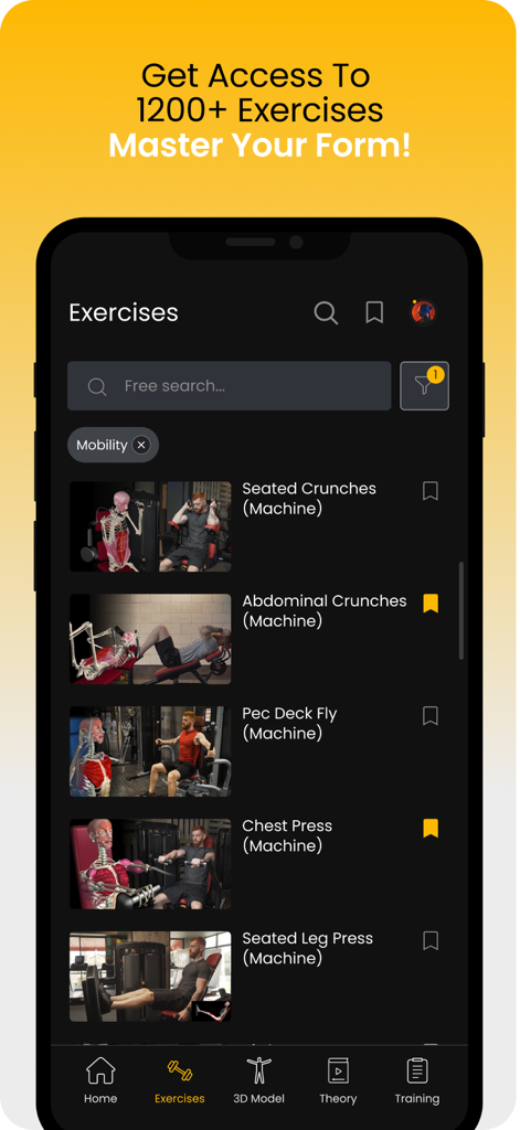 Strength Training by M&M - Muscle and Motion strength training app showing a library of exercises with 3D anatomical animations and video demonstrations.