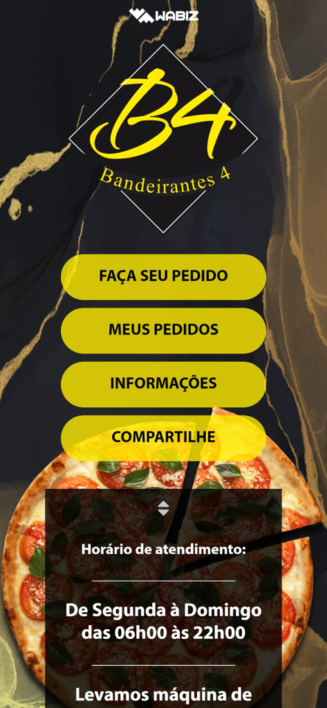Padaria Bandeirantes 4 - Tela inicial do aplicativo da padaria Padaria Bandeirantes 4 com botões de pedido e horário de funcionamento