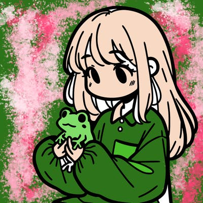 girl with long hair and a oversized shirt. and she is holding a frog