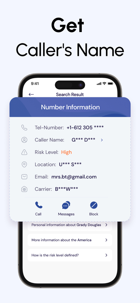 Smartphone screen showing reverse phone lookup results with caller name and high risk level indicator
