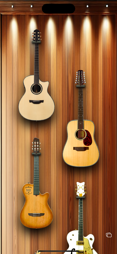 Guitar Elite-Chord Play Center - Una galería de guitarras acústicas y eléctricas virtuales realistas expuestas en una pared de madera bajo focos.
