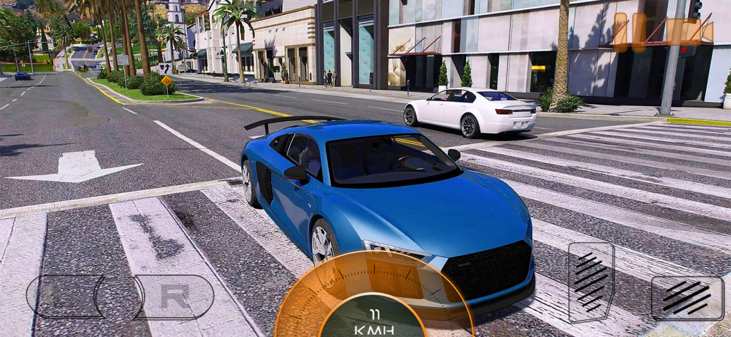 Meta Car Simulator 2024 - Um carro esportivo azul em um cruzamento de cidade no jogo mobile Meta Car Simulator 2024