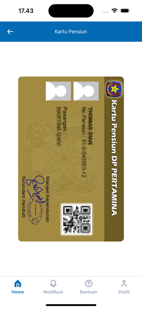 OPéN - Tarjeta de pensión digital mostrada en la pantalla Kartu Pensiun de la aplicación móvil OPéN Pertamina.