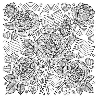 Unleash your creativity with this stunning adult coloring page, blending the timeless beauty of red roses with vibrant Pride motifs. Dive into an intricate design perfect for mindful relaxation and celebrating love.