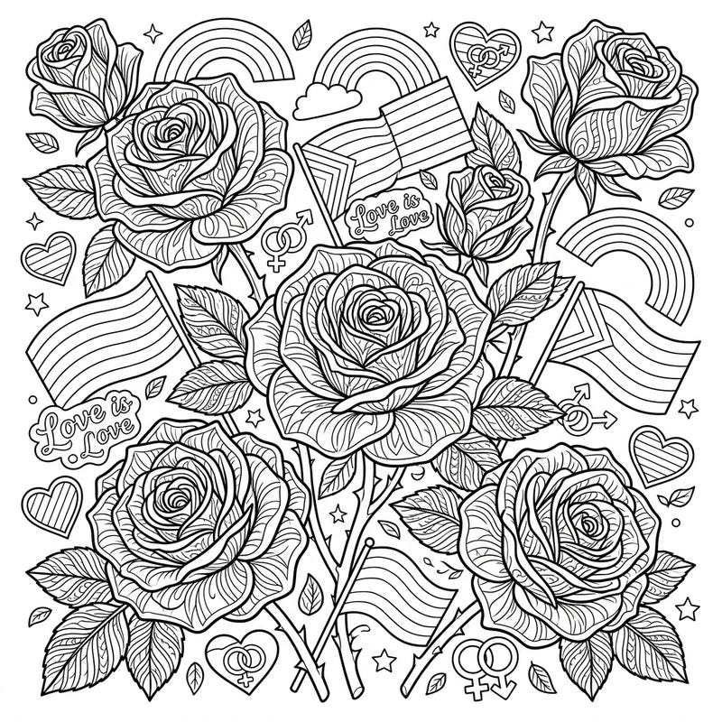 Unleash your creativity with this stunning adult coloring page, blending the timeless beauty of red roses with vibrant Pride motifs. Dive into an intricate design perfect for mindful relaxation and celebrating love.
