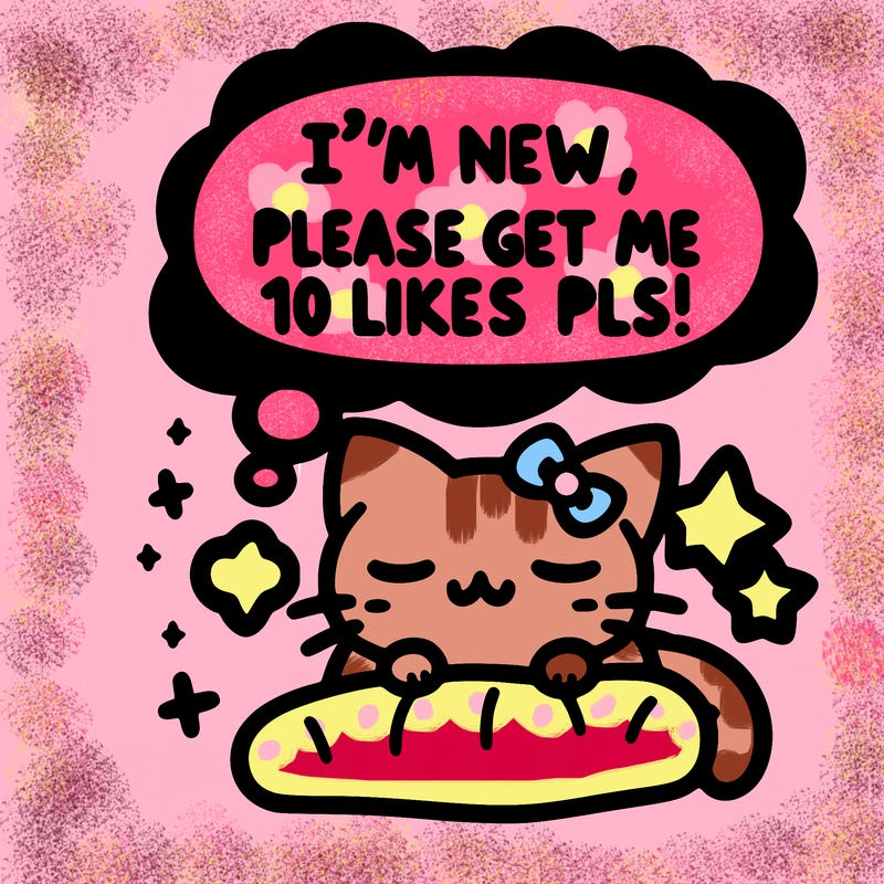 kitty taking a nap dream talking and saying "i'm new, please get me at least 10 likes pls!!"