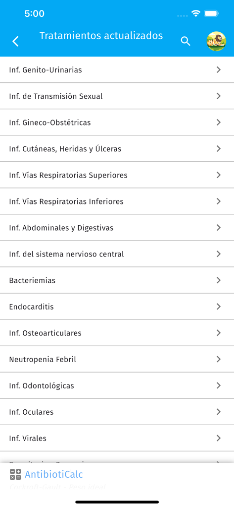 AntibioticApp - Mobile screen showing a list of infection categories for clinical antibiotic treatment protocols.