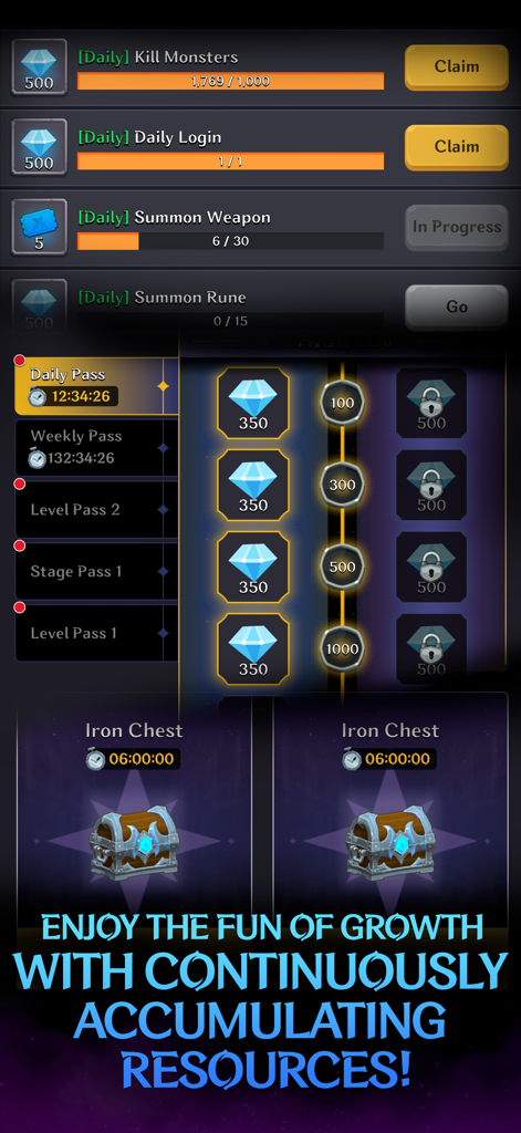 Interface mostrando missões diárias e passes de progressão com recompensas de diamantes em Weapon Master Idle