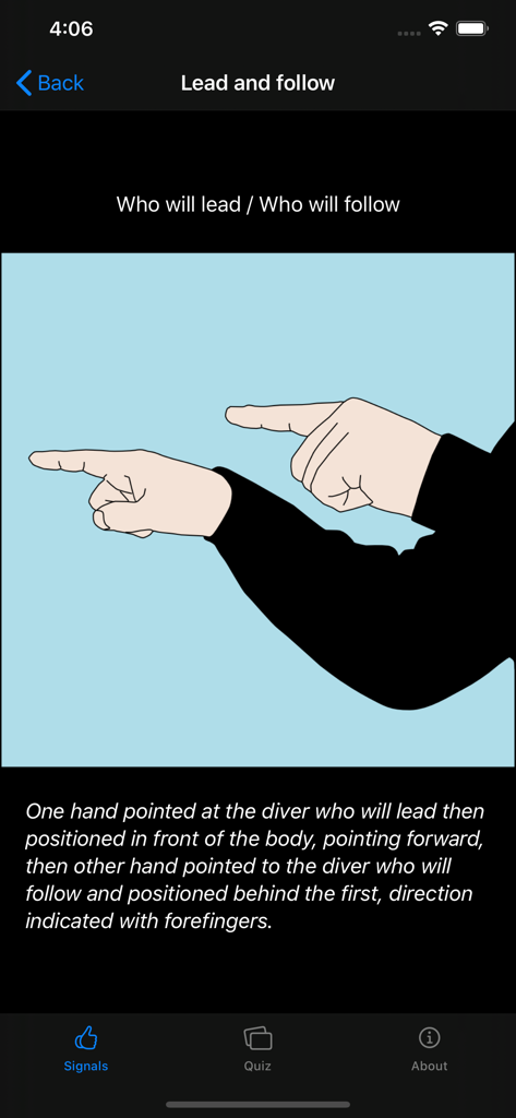 Scuba Dive Signals - Illustration des Tauch-Handzeichens dafür, wer führen und folgen wird.