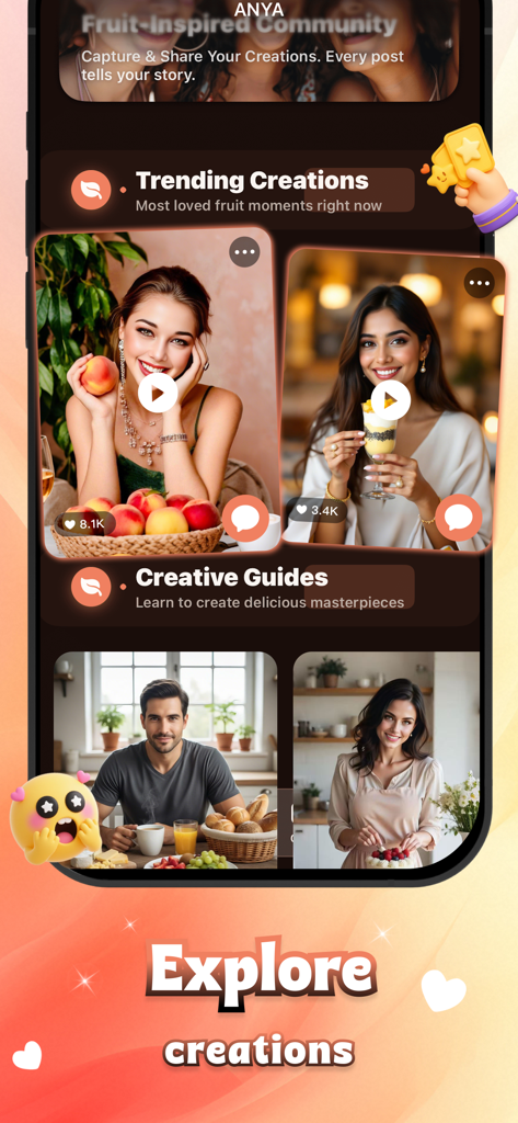 Anya - Chat&Community - Uma tela do aplicativo Anya exibindo criações inspiradas em frutas em alta e guias criativos de bricolage.