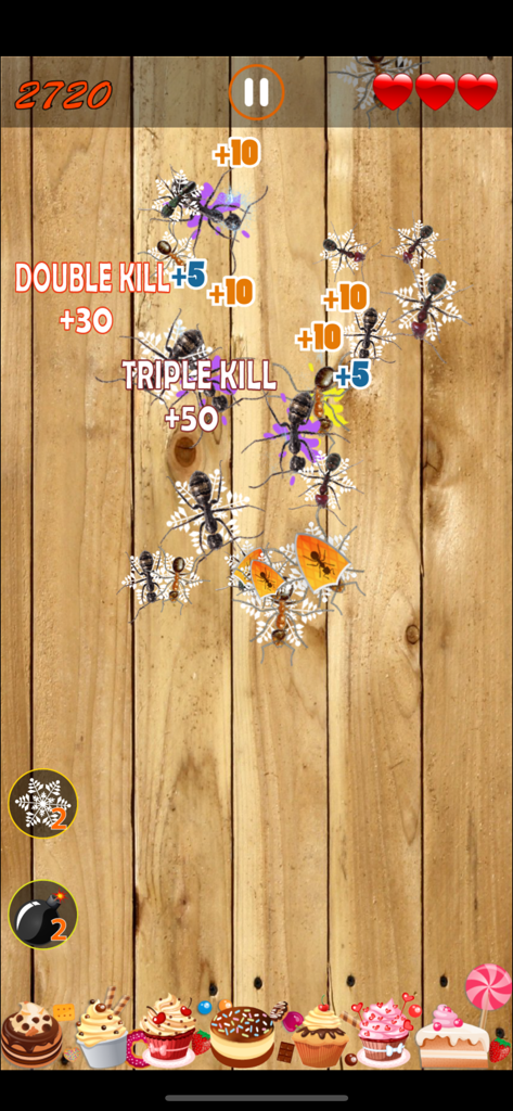 Ant Smasher - Kill Them All - Gameplay of Ant Smasher showing multiple ants being crushed on a wooden surface with combo score popups and power-ups
