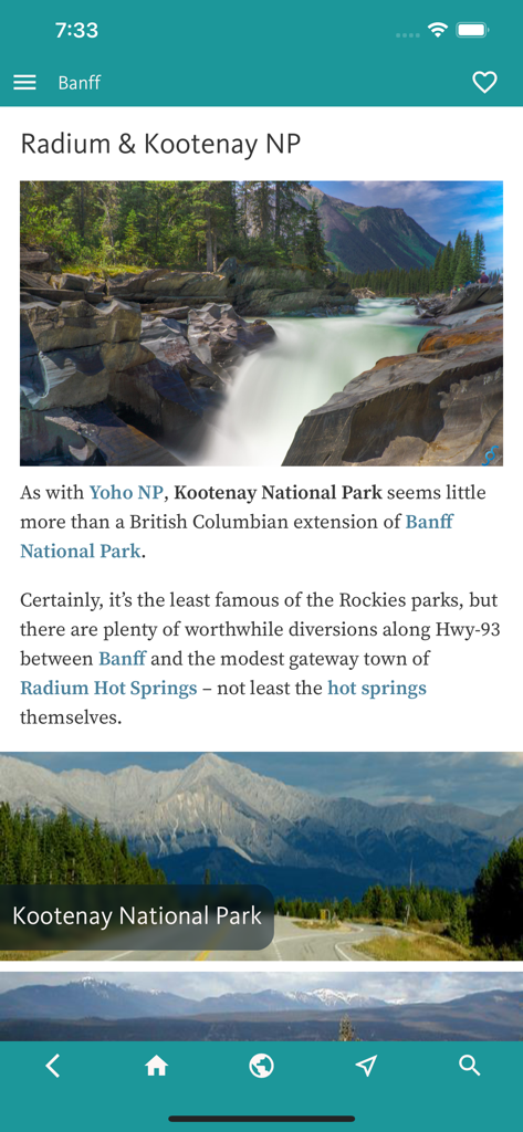 Banff & Canada's Rockies Guide - Travel guide app screen showing descriptions and scenic images of Kootenay National Park and Radium Hot Springs.